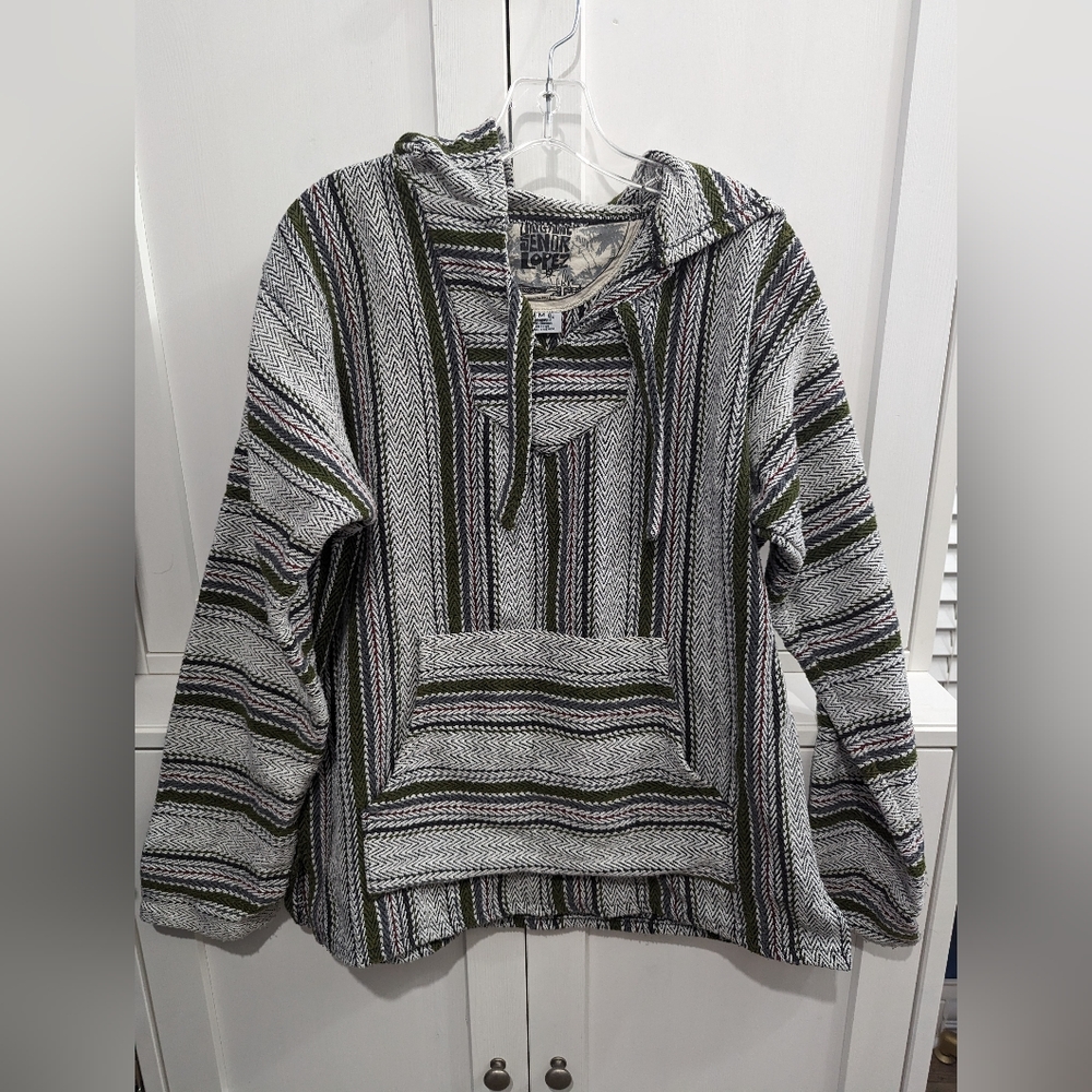 Original Senor Lopez Hoodie Men Med. Woven Baja Drug Rug Hooded Made In Mexico